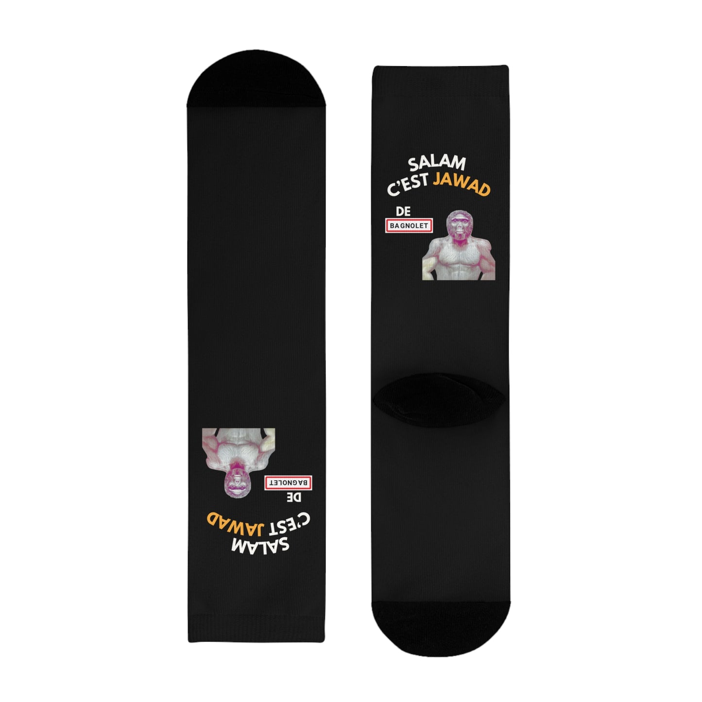 Chaussettes Crew Personnalisées en Sublimation – Design Graphique Amusant avec "Salam C'est Jawad"