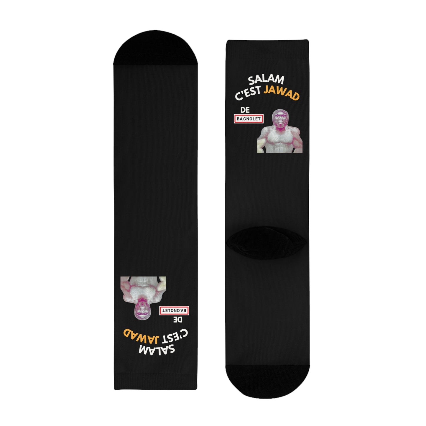 Chaussettes Crew Personnalisées en Sublimation – Design Graphique Amusant avec "Salam C'est Jawad"