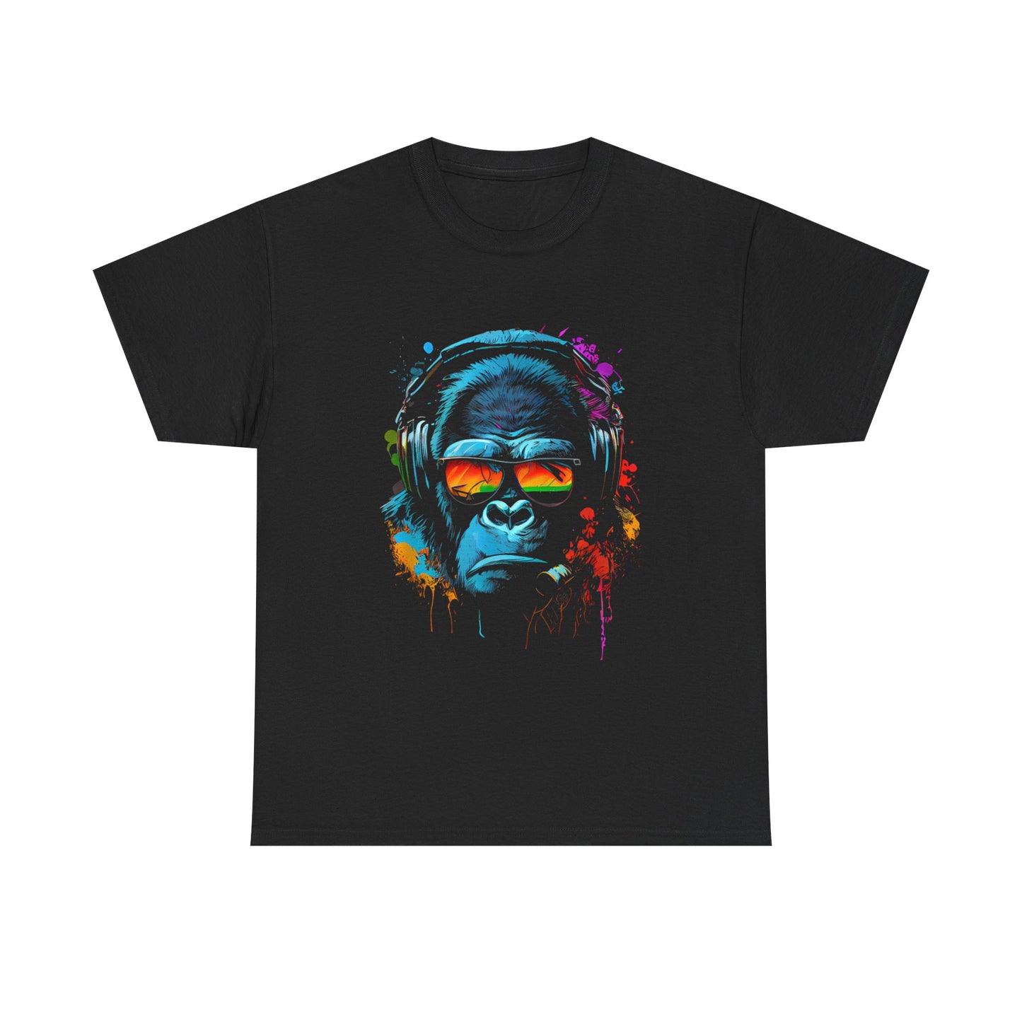 T-shirt humoristique unisexe en coton épais - Singe écouteurs lunettes de soleil Gorilla