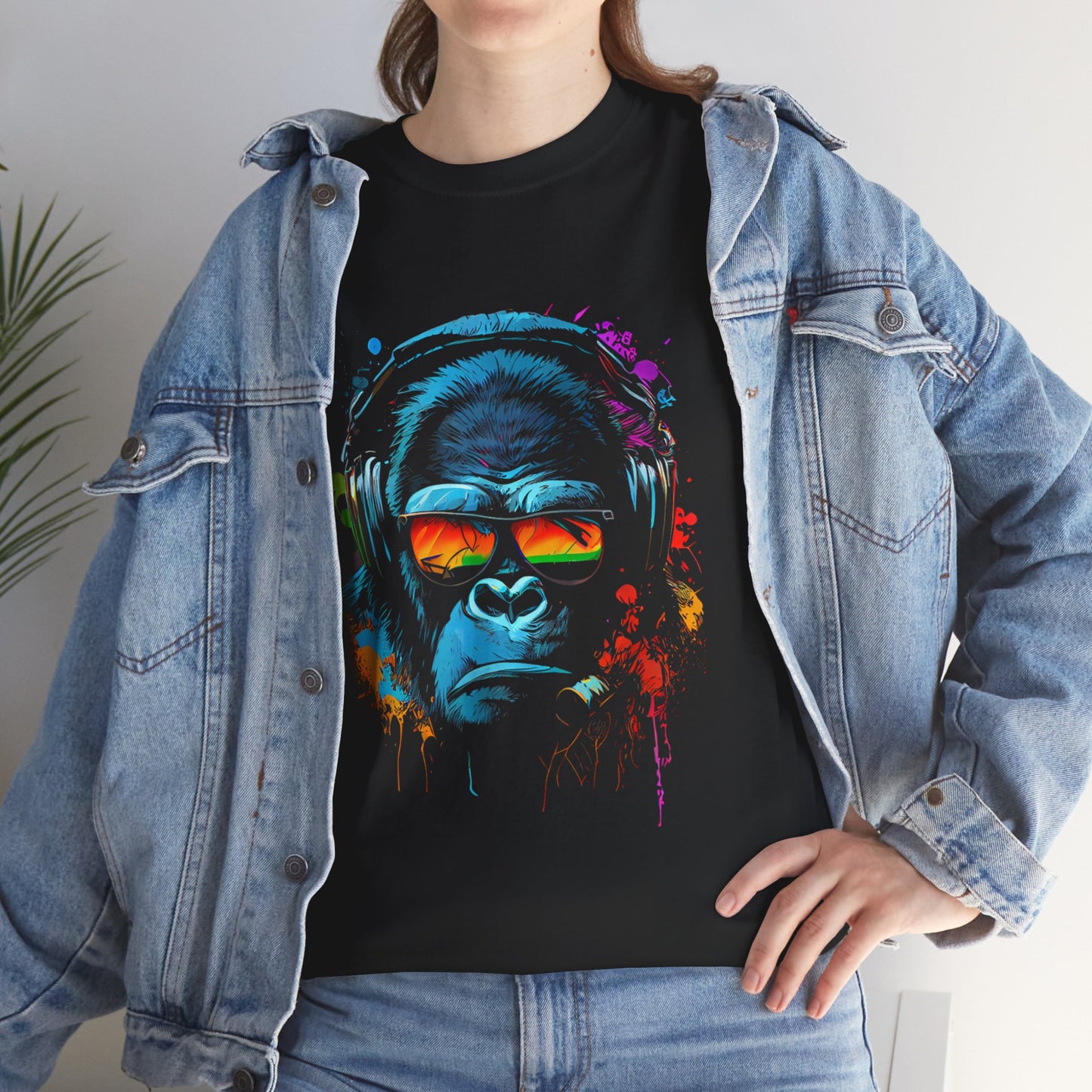 T-shirt humoristique unisexe en coton épais - Singe écouteurs lunettes de soleil Gorilla