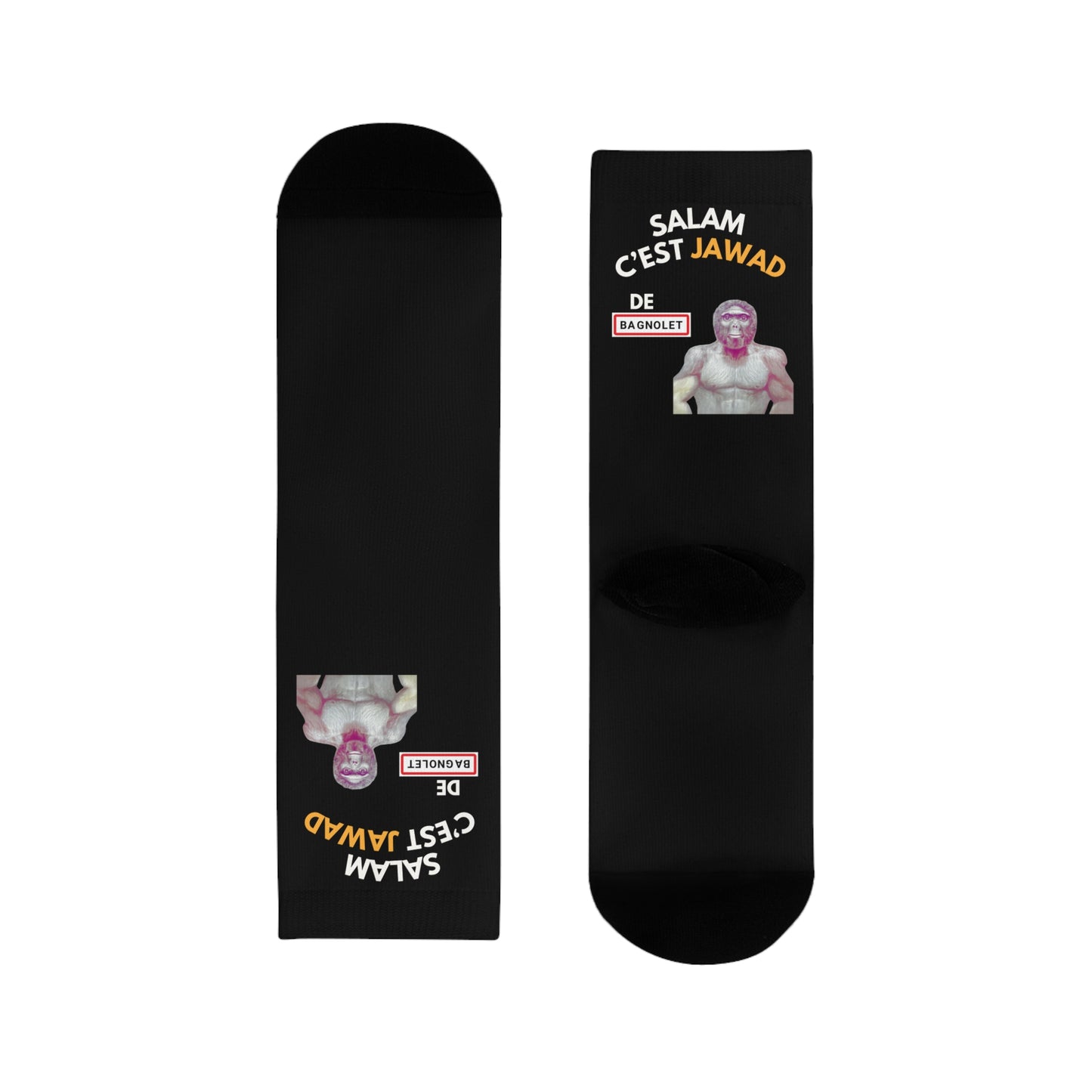 Chaussettes Crew Personnalisées en Sublimation – Design Graphique Amusant avec "Salam C'est Jawad"