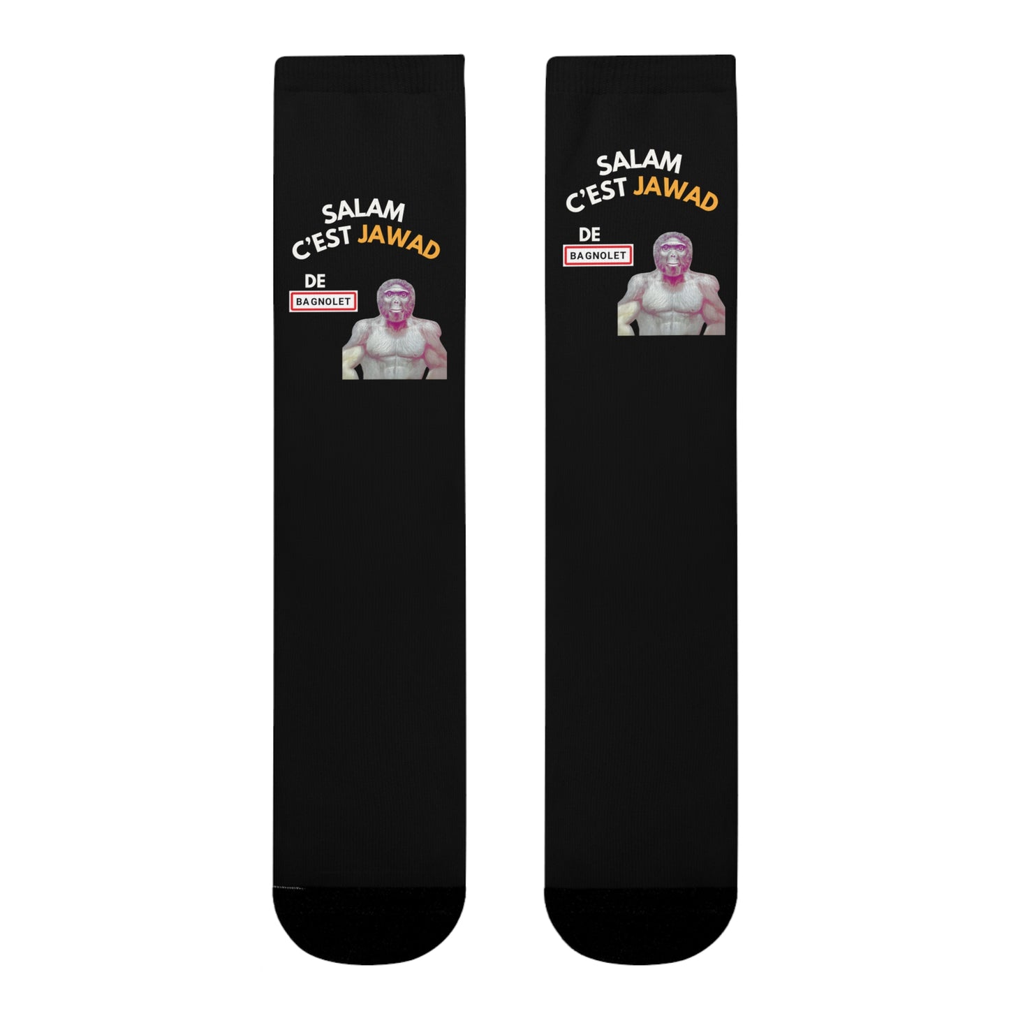 Chaussettes Crew Personnalisées en Sublimation – Design Graphique Amusant avec "Salam C'est Jawad"