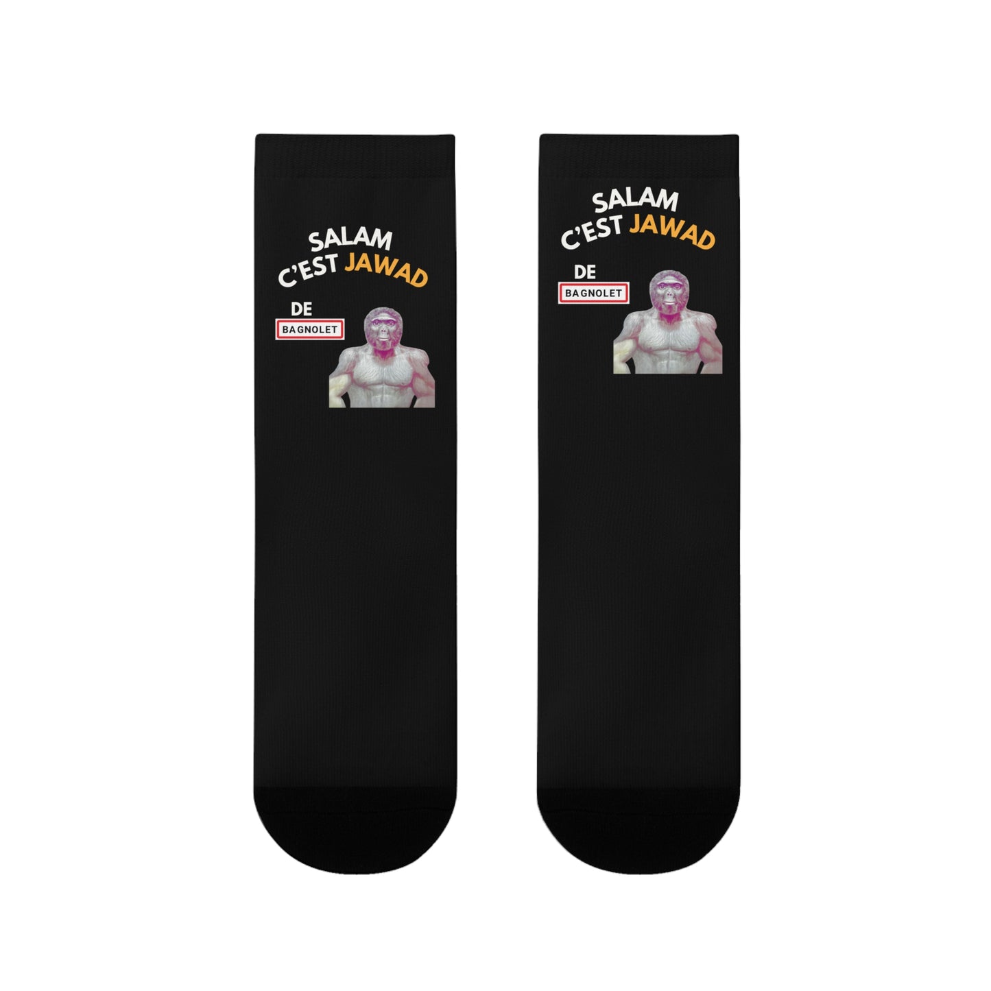 Chaussettes Crew Personnalisées en Sublimation – Design Graphique Amusant avec "Salam C'est Jawad"