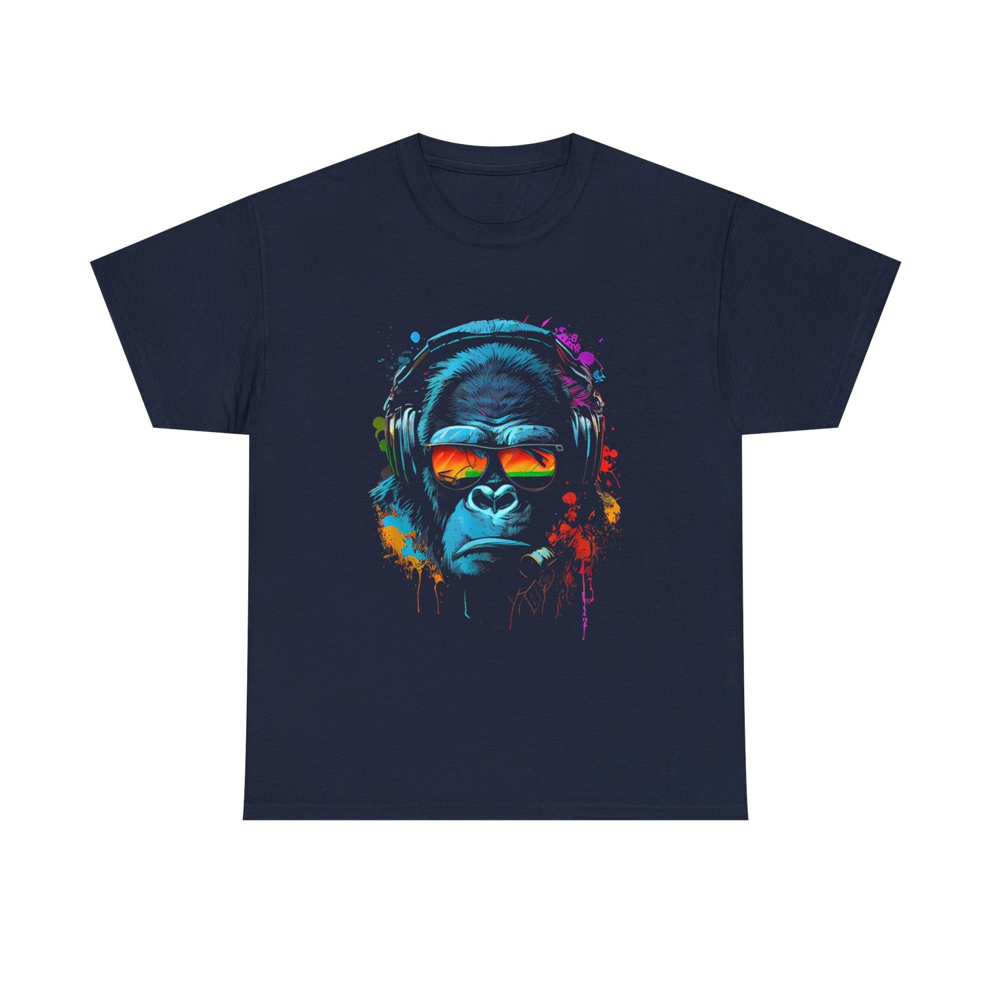 T-shirt humoristique unisexe en coton épais - Singe écouteurs lunettes de soleil Gorilla