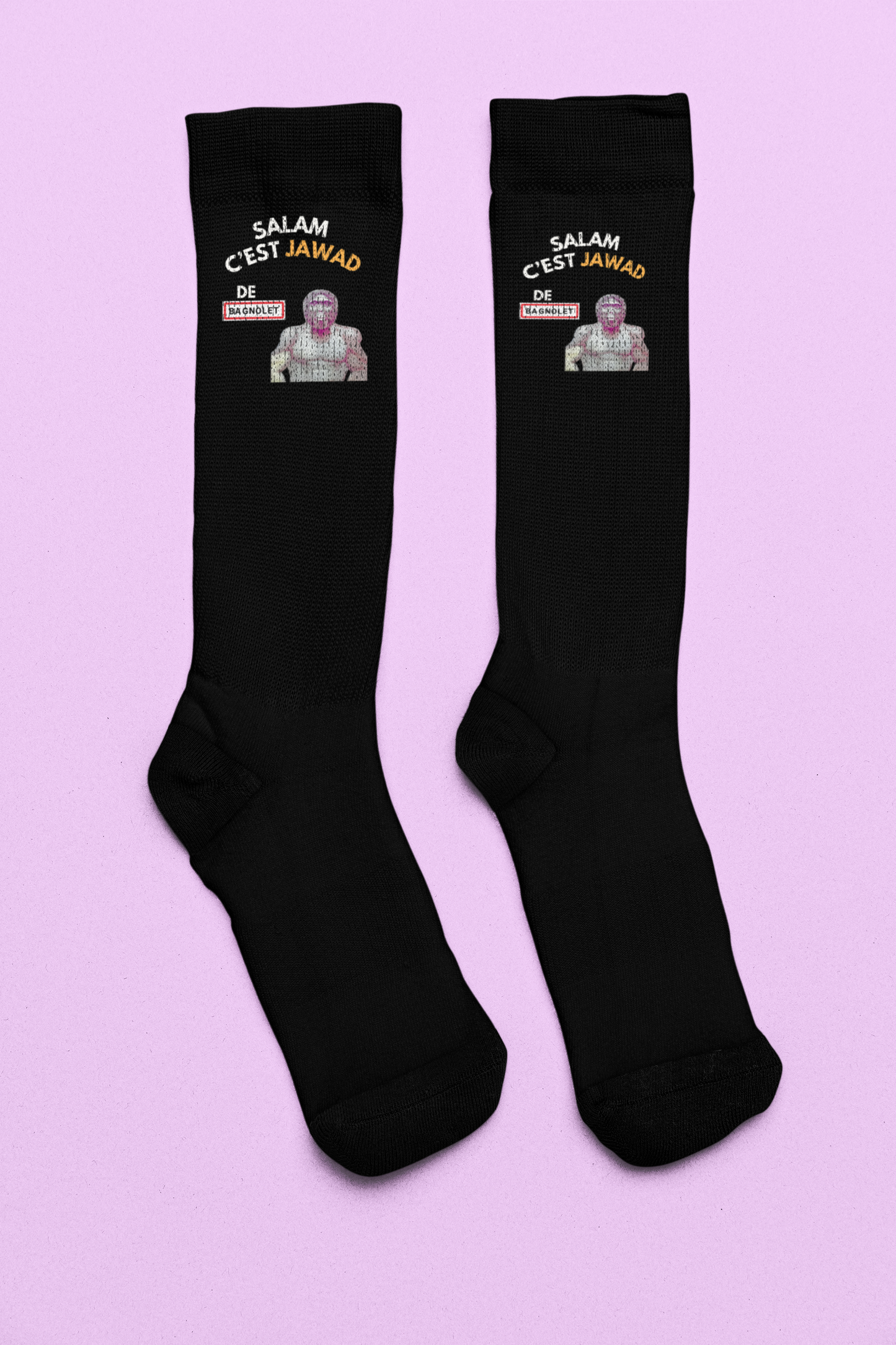 Chaussettes Crew Personnalisées en Sublimation – Design Graphique Amusant avec "Salam C'est Jawad"