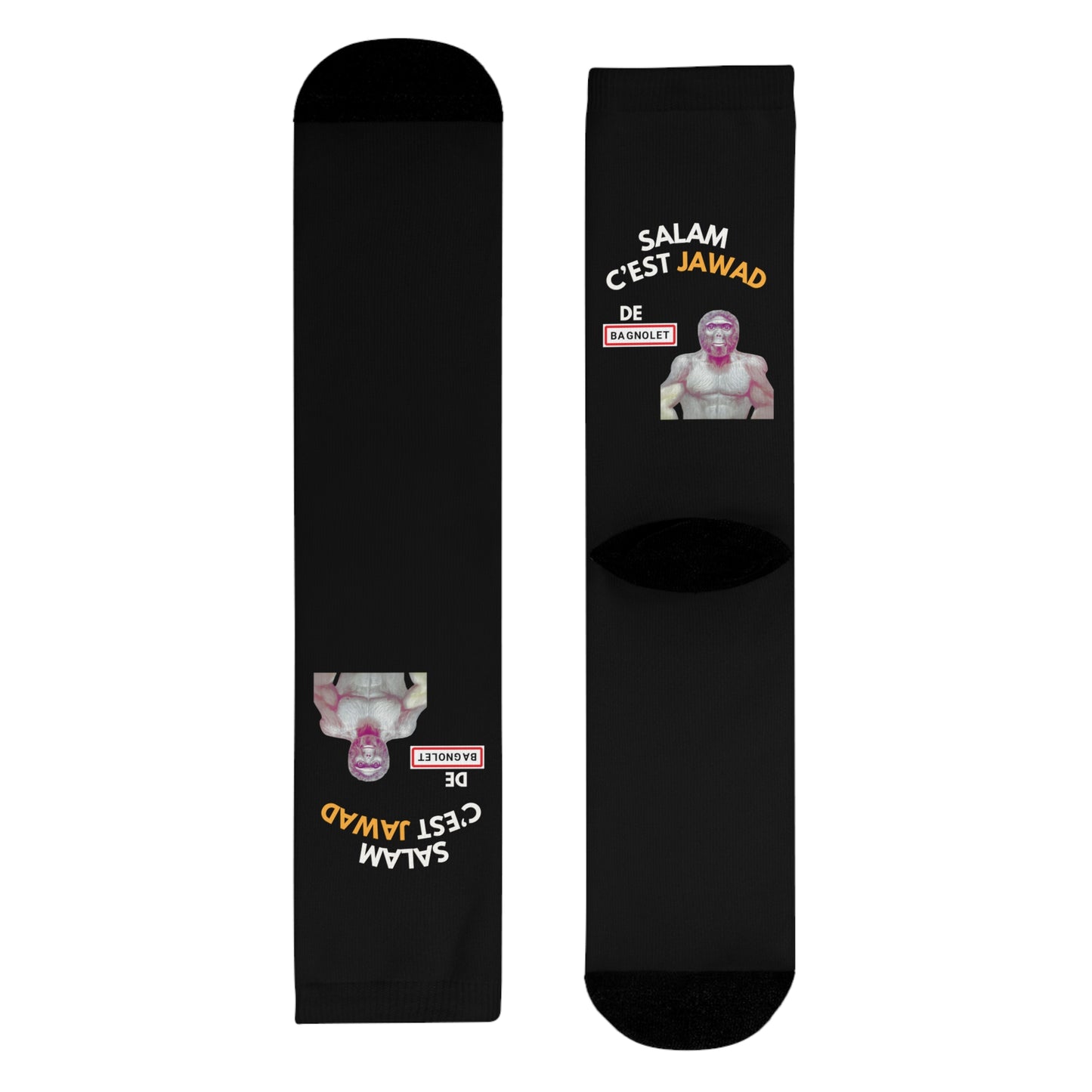 Chaussettes Crew Personnalisées en Sublimation – Design Graphique Amusant avec "Salam C'est Jawad"