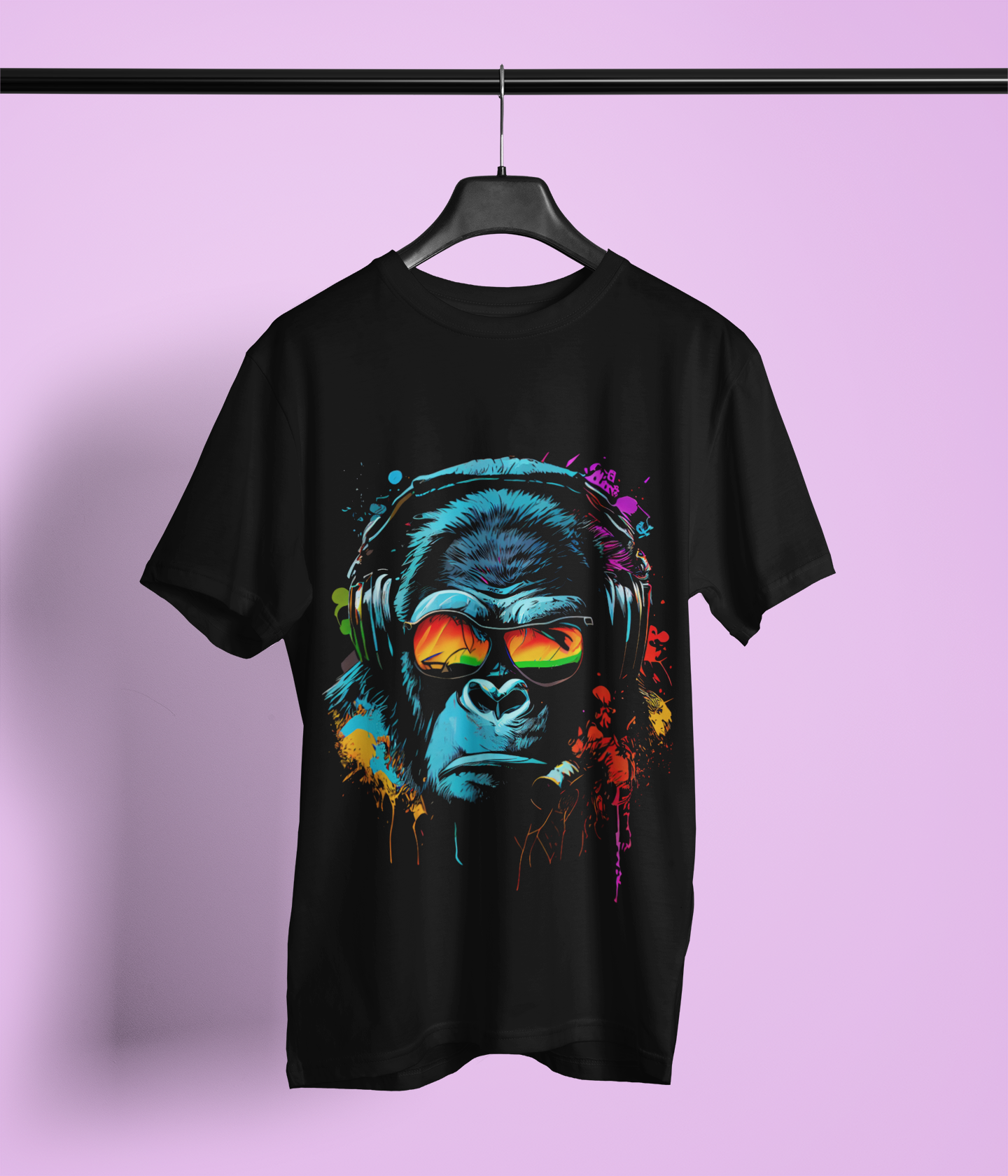 T-shirt humoristique unisexe en coton épais - Singe écouteurs lunettes de soleil Gorilla