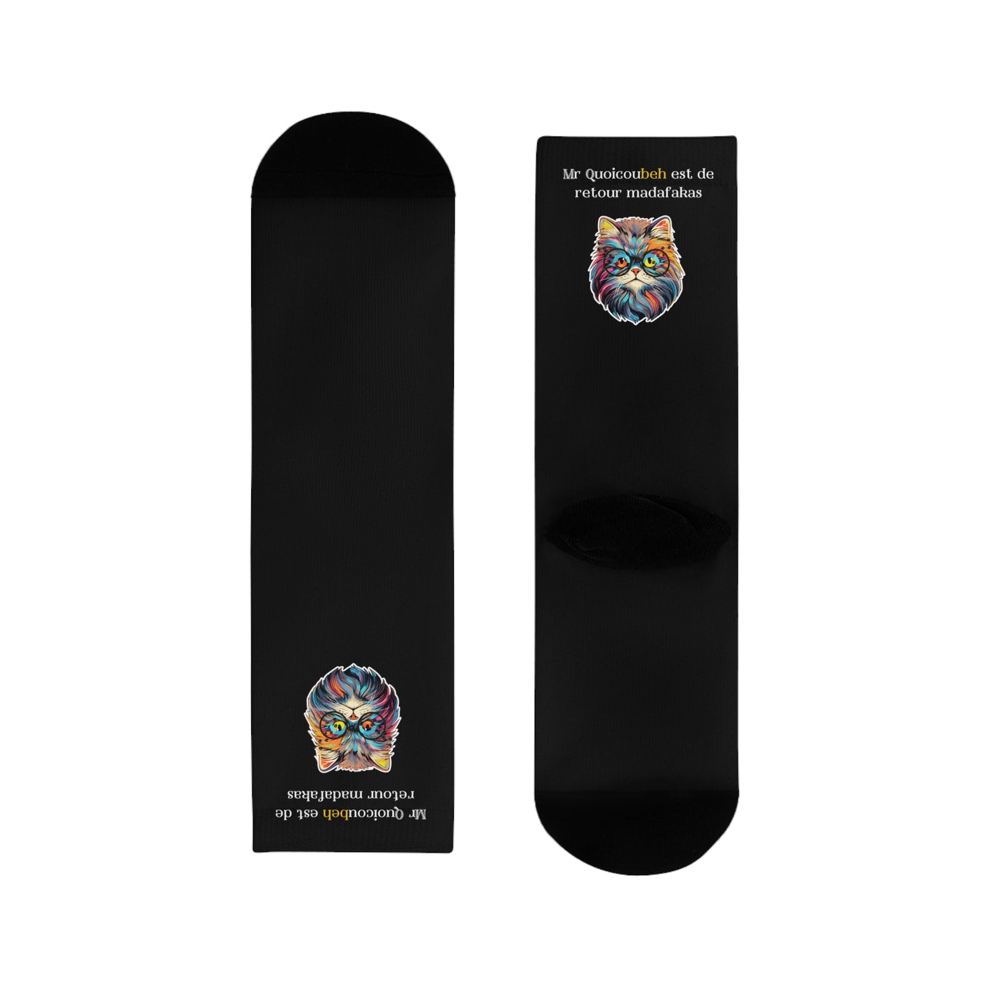 Chaussettes Crew Personnalisées en Sublimation – Design Graphique Amusant avec 'Qoucoubeh madafakas'