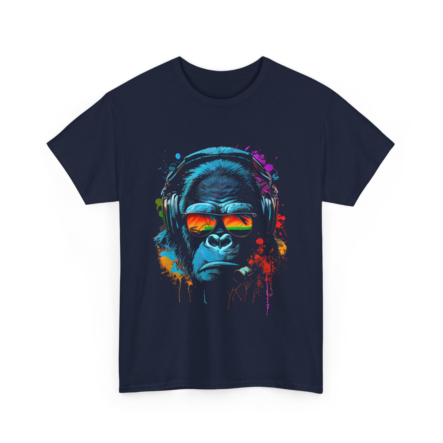 T-shirt humoristique unisexe en coton épais - Singe écouteurs lunettes de soleil Gorilla