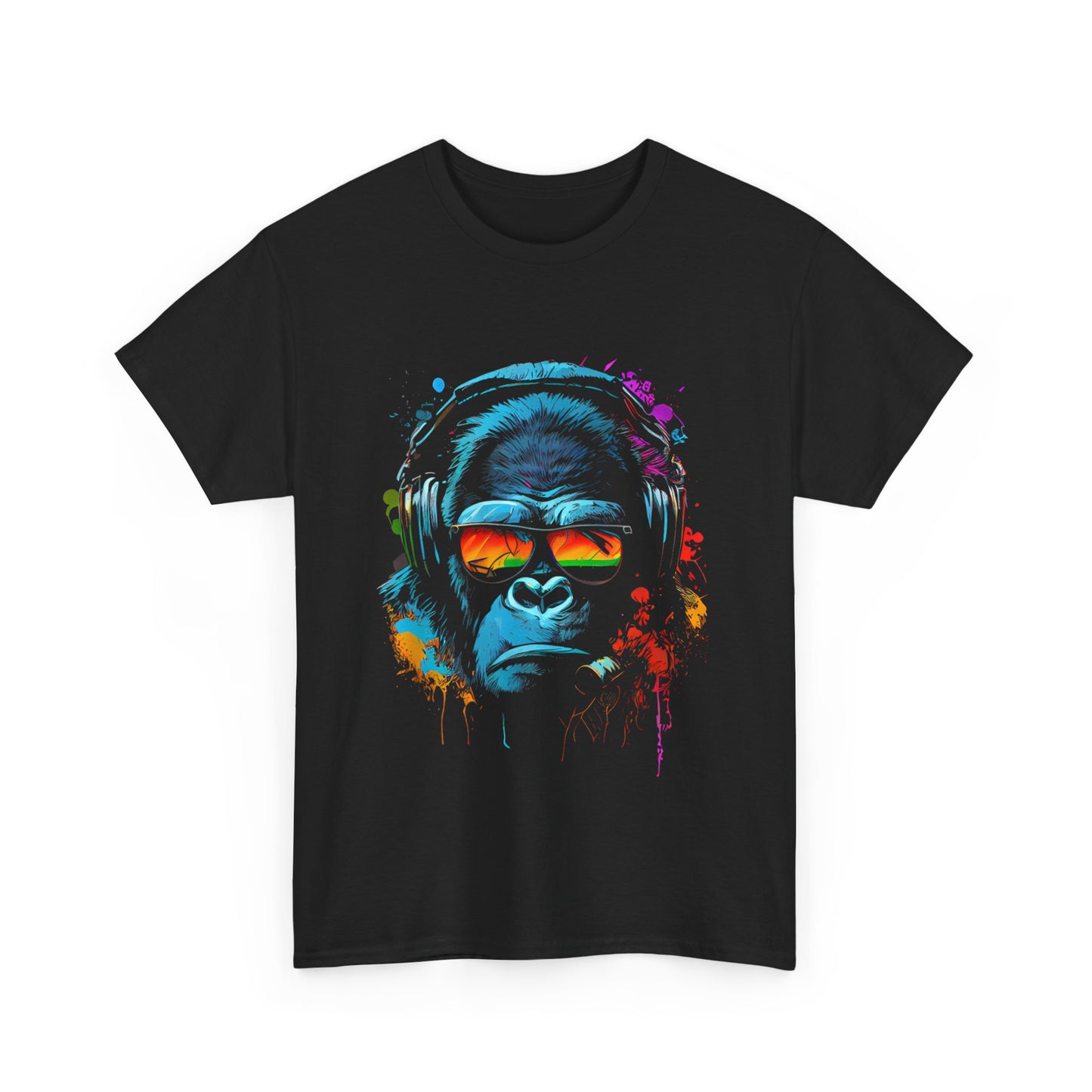 T-shirt humoristique unisexe en coton épais - Singe écouteurs lunettes de soleil Gorilla