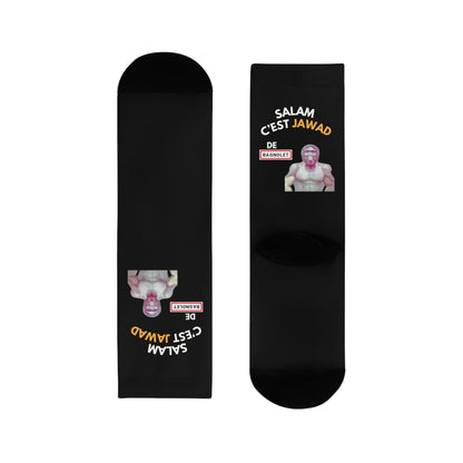 Chaussettes Crew Personnalisées en Sublimation – Design Graphique Amusant avec "Salam C'est Jawad"