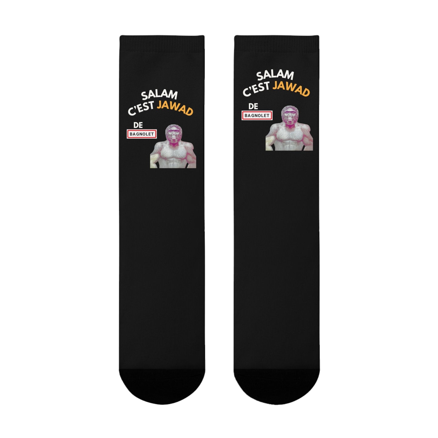 Chaussettes Crew Personnalisées en Sublimation – Design Graphique Amusant avec "Salam C'est Jawad"