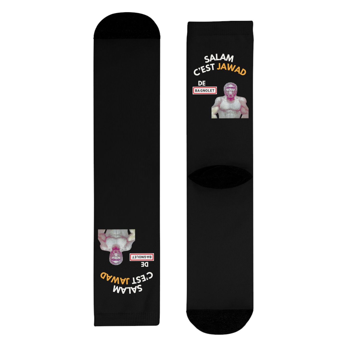 Chaussettes Crew Personnalisées en Sublimation – Design Graphique Amusant avec "Salam C'est Jawad"